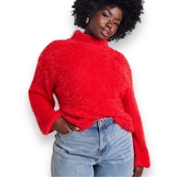 4 for $40 SALE! Eloquii Mock Neck Faux Fur Sweater, Lipstick Red, Size 22/24 - Picture 1 of 11